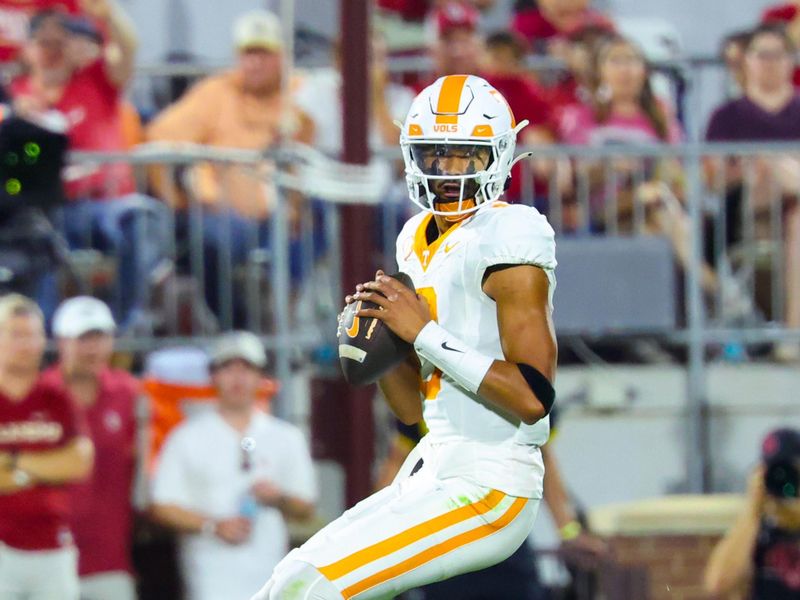 Sep 21, 2024; Norman, Oklahoma, USA;  Tennessee Volunteers quarterback Nico Iamaleava (8) looks to throw during the game against the Oklahoma Sooners at Gaylord Family-Oklahoma Memorial Stadium. Mandatory Credit: Kevin Jairaj-Imagn Images
