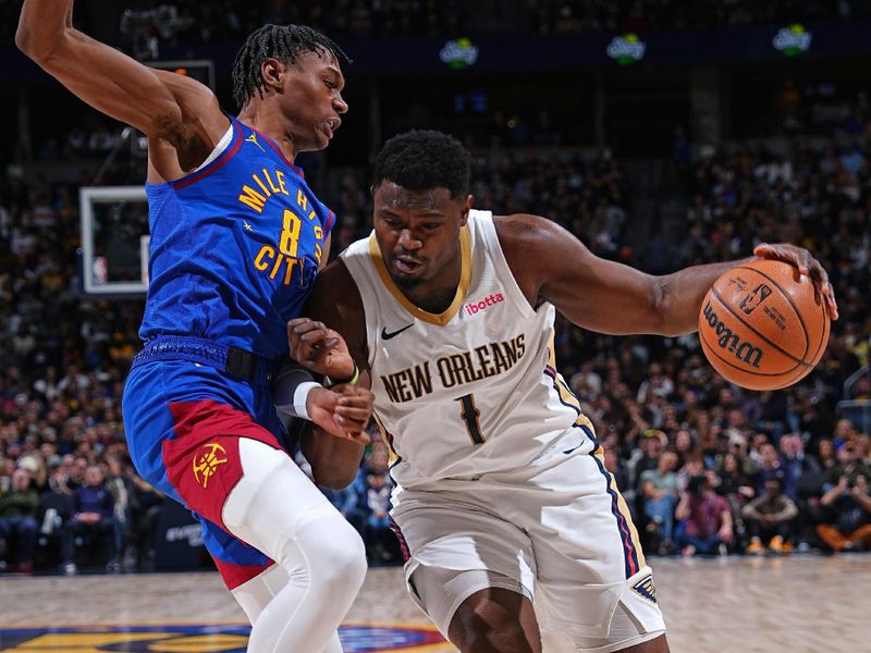 DENVER, CO - JANUARY 12: Zion Williamson #1 of the New Orleans Pelicans drives to the basket during the game against the Denver Nuggets on January 12, 2024 at the Ball Arena in Denver, Colorado. NOTE TO USER: User expressly acknowledges and agrees that, by downloading and/or using this Photograph, user is consenting to the terms and conditions of the Getty Images License Agreement. Mandatory Copyright Notice: Copyright 2024 NBAE (Photo by Garrett Ellwood/NBAE via Getty Images)