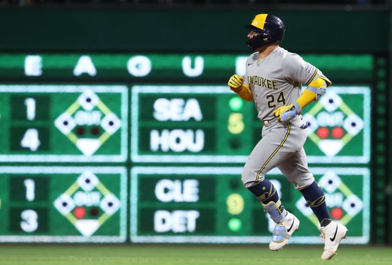 May 23, 2025; Pittsburgh, Pennsylvania, USA;  Milwaukee Brewers catcher William Contreras (24) circles the bases on a solo home run against the Pittsburgh Pirates during the ninth inning at PNC Park. Mandatory Credit: Charles LeClaire-Imagn Images