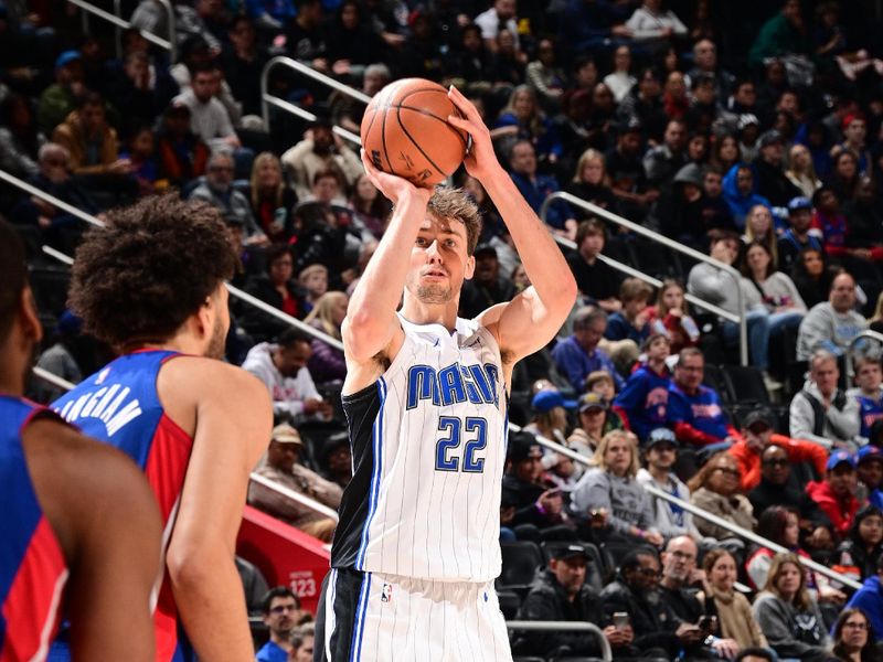 DETROIT, MI - FEBRUARY 4: Franz Wagner #22 of the Orlando Magic shoots the ball during the game  against the Detroit Pistons on February 4, 2024 at Little Caesars Arena in Detroit, Michigan. NOTE TO USER: User expressly acknowledges and agrees that, by downloading and/or using this photograph, User is consenting to the terms and conditions of the Getty Images License Agreement. Mandatory Copyright Notice: Copyright 2024 NBAE (Photo by Chris Schwegler/NBAE via Getty Images)