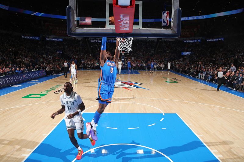 OKLAHOMA CITY, OK - JANUARY 29: Jalen Williams #8 of the Oklahoma City Thunder drives to the basket during the game against the Minnesota Timberwolves on January 29, 2024 at Paycom Arena in Oklahoma City, Oklahoma. NOTE TO USER: User expressly acknowledges and agrees that, by downloading and or using this photograph, User is consenting to the terms and conditions of the Getty Images License Agreement. Mandatory Copyright Notice: Copyright 2024 NBAE (Photo by Zach Beeker/NBAE via Getty Images)