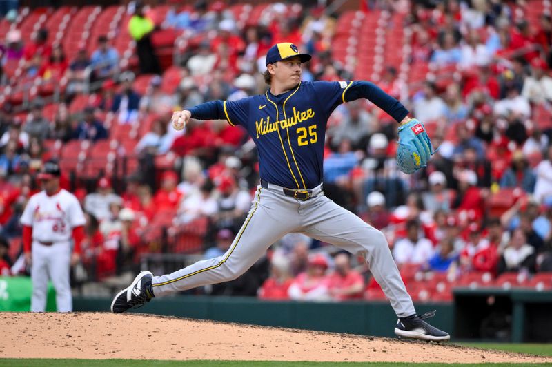 Apr 27, 2025; St. Louis, Missouri, USA;  Milwaukee Brewers relief pitcher Nick Mears (25) pitches against the St. Louis Cardinals during the seventh inning at Busch Stadium. Mandatory Credit: Jeff Curry-Imagn Images