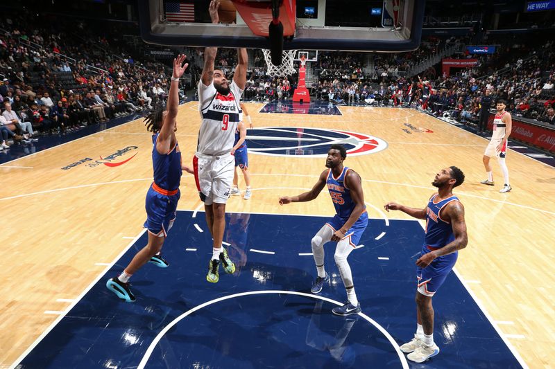 WASHINGTON, DC -? OCTOBER 18: Justin Champagnie #9 of the Washington Wizards dunks the ball during the game against the New York Knicks on October 18, 2024 at Capital One Arena in Washington, DC. NOTE TO USER: User expressly acknowledges and agrees that, by downloading and or using this Photograph, user is consenting to the terms and conditions of the Getty Images License Agreement. Mandatory Copyright Notice: Copyright 2024 NBAE (Photo by Stephen Gosling/NBAE via Getty Images)