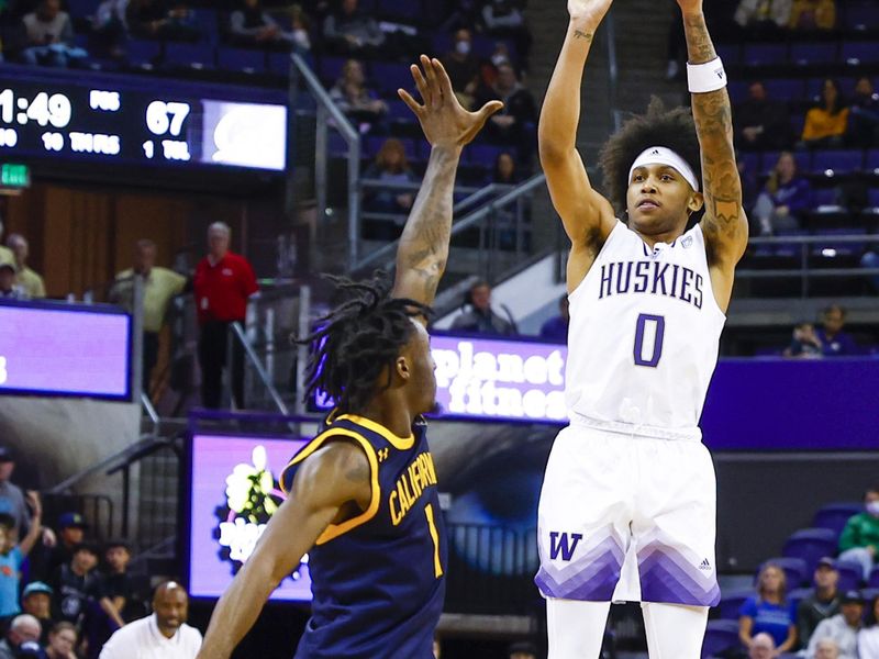 Jan 14, 2023; Seattle, Washington, USA; Washington Huskies guard Koren Johnson (0) shoots a three-pointer against California Golden Bears guard Joel Brown (1) during overtime at Alaska Airlines Arena at Hec Edmundson Pavilion. Mandatory Credit: Joe Nicholson-USA TODAY Sports