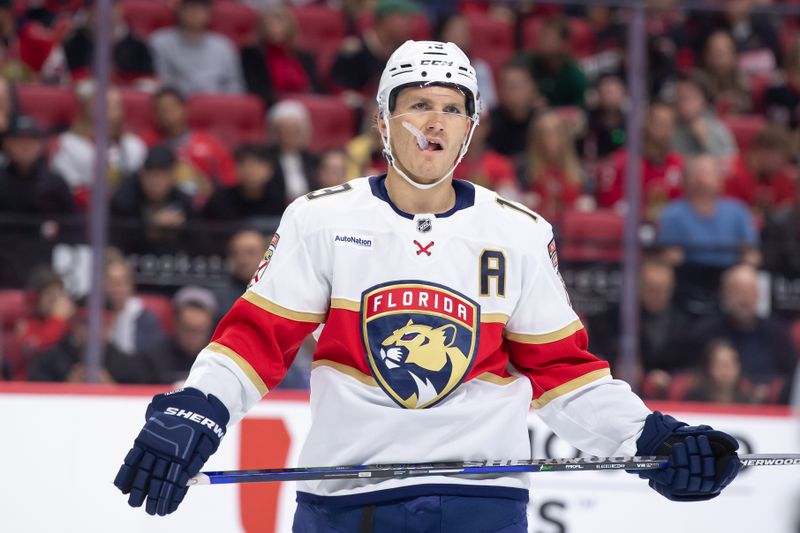 Oct 10, 2024; Ottawa, Ontario, CAN; Florida Panthers left wing Matthew Tkachuk (19) stands prior to a faceoff in the second period against the Ottawa Senators at the Canadian Tire Centre. Mandatory Credit: Marc DesRosiers-Imagn Images