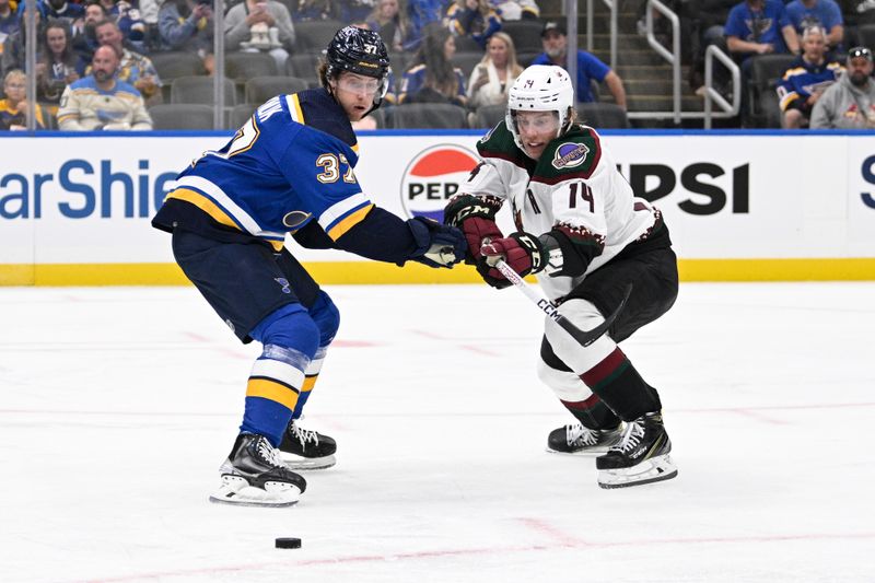 Sep 23, 2023; St. Louis, Missouri, USA; St. Louis Blues defenseman Wyatt Kalynuk (37) battles for the puck against Arizona Coyotes forward Ryan Dzingel (14) during the third period at Enterprise Center. Mandatory Credit: Jeff Le-USA TODAY Sports