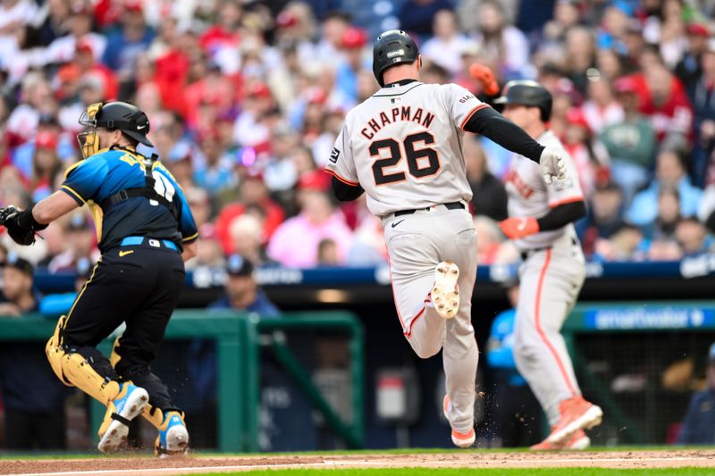 May 3, 2024; Philadelphia, Pennsylvania, USA; San Francisco Giants third baseman Matt Chapman (26) scores a run on a two RBI double by San Francisco Giants second baseman Thairo Estrada (not pictured) during the second inning against the Philadelphia Phillies at Citizens Bank Park. Mandatory Credit: John Jones-USA TODAY Sports