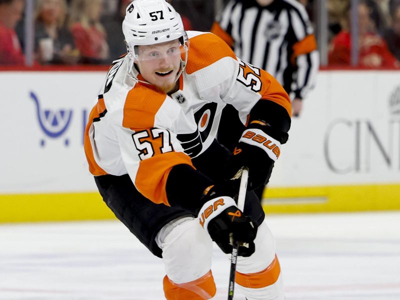 Jan 21, 2023; Detroit, Michigan, USA;  Philadelphia Flyers right wing Wade Allison (57) skates with the puck in the in the third period against the Detroit Red Wings at Little Caesars Arena. Mandatory Credit: Rick Osentoski-USA TODAY Sports