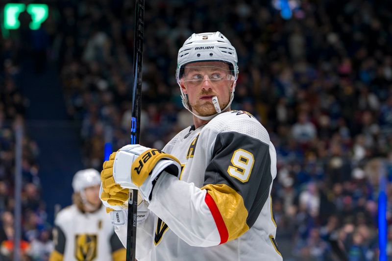 Apr 8, 2024; Vancouver, British Columbia, CAN; Vegas Golden Knights forward Jack Eichel (9) during a stop in play against the Vancouver Canucks in the first period  at Rogers Arena. Mandatory Credit: Bob Frid-USA TODAY Sports