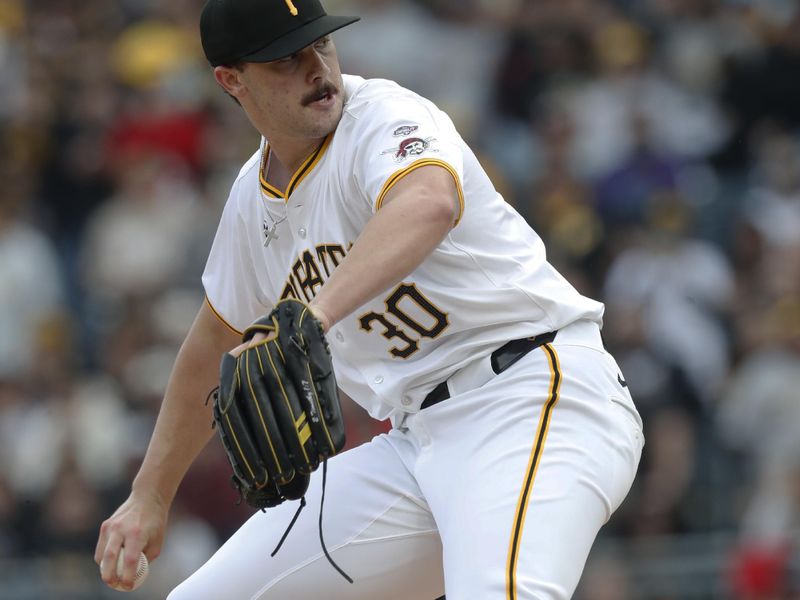 May 11, 2024; Pittsburgh, Pennsylvania, USA;  Pittsburgh Pirates starting pitcher Paul Skenes (30) delivers a pitch in his major league debut against the Chicago Cubs during the first inning at PNC Park. Mandatory Credit: Charles LeClaire-USA TODAY Sports