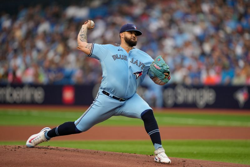 Jul 18, 2023; Toronto, Ontario, CAN; Toronto Blue Jays starting pitcher Alek Manoah (6) pitches to the San Diego Padres  during the first inning at Rogers Centre. Mandatory Credit: John E. Sokolowski-USA TODAY Sports