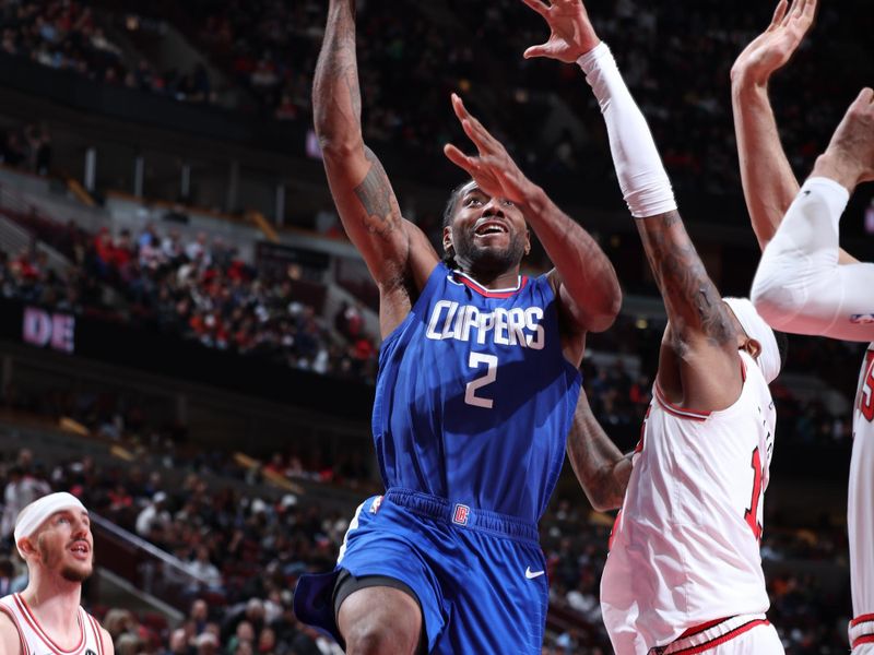 CHICAGO, IL - MARCH 14: Kawhi Leonard #2 of the LA Clippers drives to the basket during the game against the Chicago Bulls on March 14, 2024 at United Center in Chicago, Illinois. NOTE TO USER: User expressly acknowledges and agrees that, by downloading and or using this photograph, User is consenting to the terms and conditions of the Getty Images License Agreement. Mandatory Copyright Notice: Copyright 2024 NBAE (Photo by Jeff Haynes/NBAE via Getty Images)