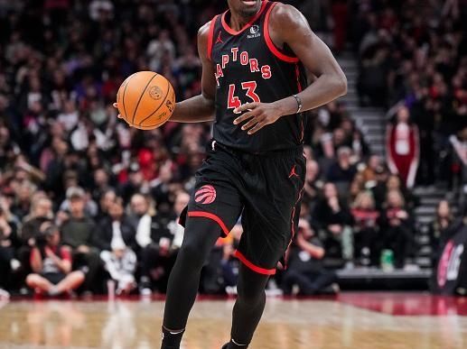 TORONTO, ON - DECEMBER 23: Pascal Siakam #43 of the Toronto Raptors dribbles against the Utah Jazz during the first half of their basketball game at the Scotiabank Arena on December 23, 2023 in Toronto, Ontario, Canada. NOTE TO USER: User expressly acknowledges and agrees that, by downloading and/or using this Photograph, user is consenting to the terms and conditions of the Getty Images License Agreement. (Photo by Mark Blinch/Getty Images)