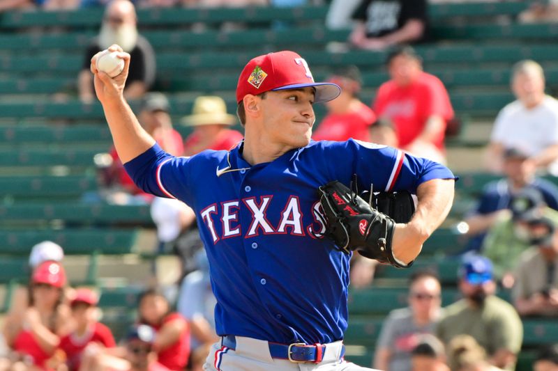 Feb 23, 2026; Tempe, Arizona, USA;  Texas Rangers pitcher Jack Leiter (22) throws in the first inning against the Los Angeles Angels during a spring training game at Tempe Diablo Stadium. Mandatory Credit: Matt Kartozian-Imagn Images