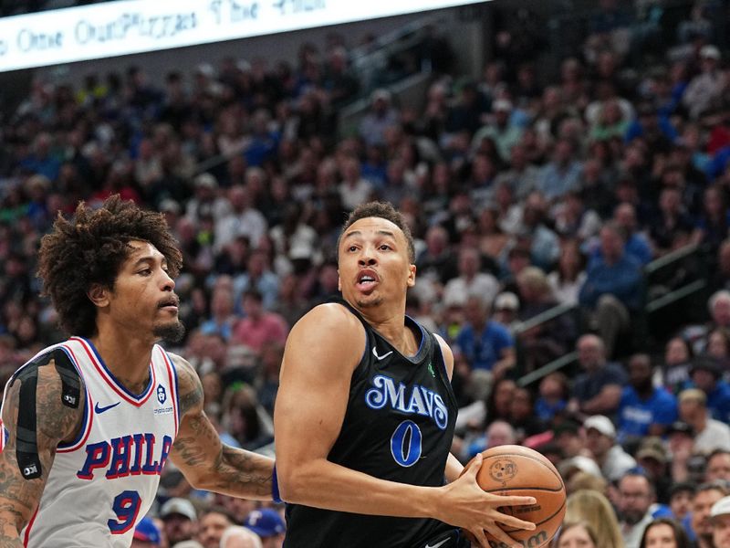 DALLAS, TX - MARCH 3: Dante Exum #0 of the Dallas Mavericks drives to the basket during the game against the Philadelphia 76ers on March 3, 2024 at the American Airlines Center in Dallas, Texas. NOTE TO USER: User expressly acknowledges and agrees that, by downloading and or using this photograph, User is consenting to the terms and conditions of the Getty Images License Agreement. Mandatory Copyright Notice: Copyright 2024 NBAE (Photo by Glenn James/NBAE via Getty Images)