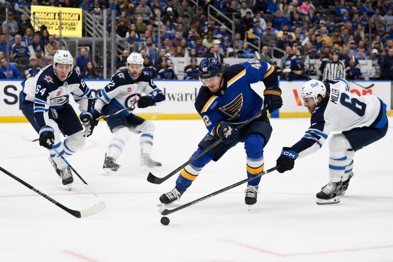 Oct 22, 2024; St. Louis, Missouri, USA; Winnipeg Jets defenseman Colin Miller (6) and defenseman Logan Stanley (64) defend against St. Louis Blues right wing Kasperi Kapanen (42) during the second period at Enterprise Center. Mandatory Credit: Jeff Le-Imagn Images 