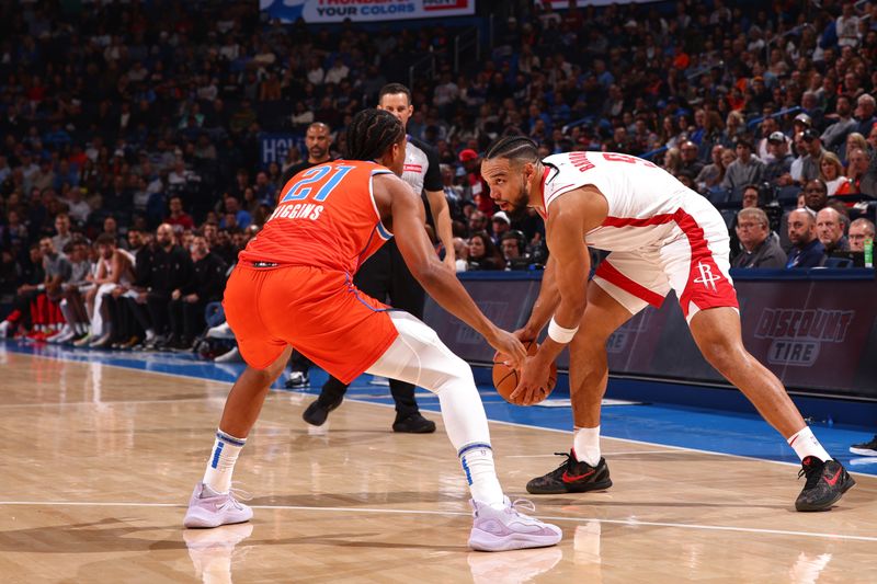 OKLAHOMA CITY, OK - NOVEMBER 8: Dillon Brooks #9 of the Houston Rockets handles the ball during the game against the Oklahoma City Thunder on November 8, 2024 at Paycom Center in Oklahoma City, Oklahoma. NOTE TO USER: User expressly acknowledges and agrees that, by downloading and or using this photograph, User is consenting to the terms and conditions of the Getty Images License Agreement. Mandatory Copyright Notice: Copyright 2024 NBAE (Photo by Zach Beeker/NBAE via Getty Images)