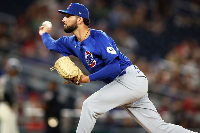 Aug 30, 2024; Washington, District of Columbia, USA; Chicago Cubs pitcher Tyson Miller (49) pitches during the ninth inning against the Washington Nationals at Nationals Park. Mandatory Credit: Daniel Kucin Jr.-USA TODAY Sports


