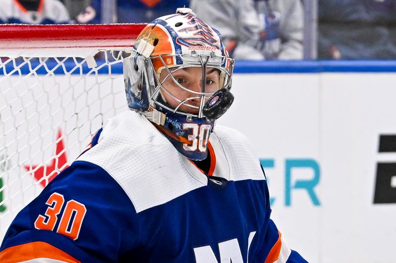 Mar 5, 2024; Elmont, New York, USA;  New York Islanders goaltender Ilya Sorokin (30) makes a save against the St. Louis Blues during the third period at UBS Arena. Mandatory Credit: Dennis Schneidler-USA TODAY Sports