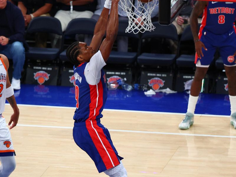 NEW YORK, NY - APRIL 29: Ausar Thompson #9 of the Detroit Pistons dunks the ball during the game against the New York Knicks during round 1 around game 5 on April 29, 2025 at Madison Square Garden in New York City, New York.  NOTE TO USER: User expressly acknowledges and agrees that, by downloading and or using this photograph, User is consenting to the terms and conditions of the Getty Images License Agreement. Mandatory Copyright Notice: Copyright 2025 NBAE  (Photo by David L. Nemec/NBAE via Getty Images)