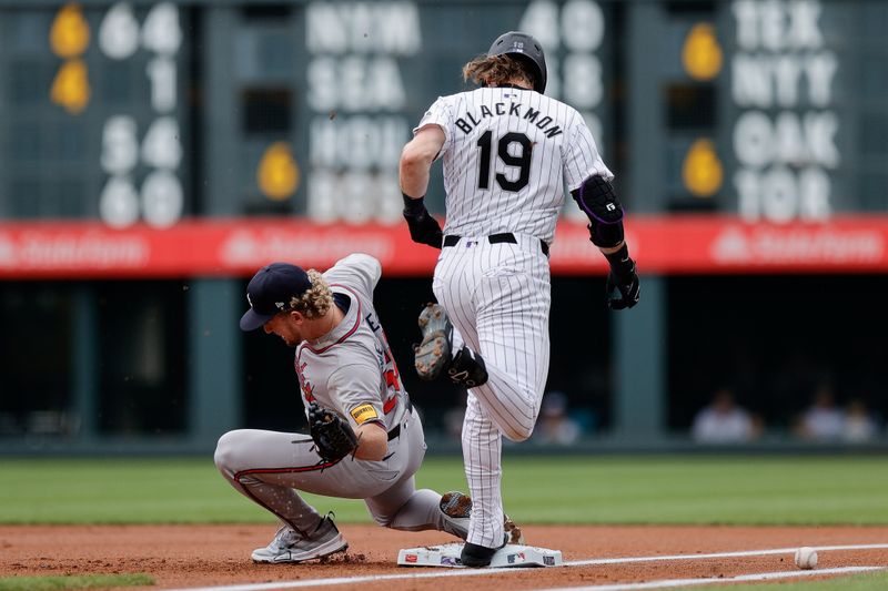 Aug 11, 2024; Denver, Colorado, USA; Atlanta Braves pitcher Spencer Schwellenbach (56) is unable to field a throw as Colorado Rockies outfielder Charlie Blackmon (19) reaches first base in the first inning at Coors Field. Mandatory Credit: Isaiah J. Downing-USA TODAY Sports