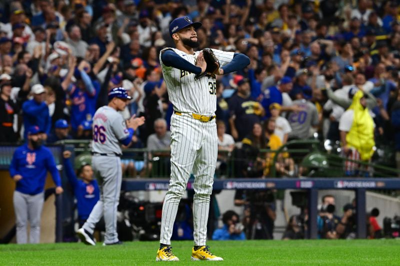 Oct 3, 2024; Milwaukee, Wisconsin, USA; Milwaukee Brewers pitcher Devin Williams (38) reacts in the ninth inning against the New York Mets during game three of the Wildcard round for the 2024 MLB Playoffs at American Family Field. Mandatory Credit: Benny Sieu-Imagn Images