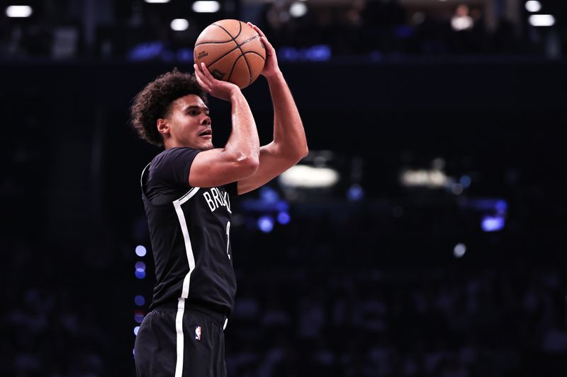 NEW YORK, NEW YORK - OCTOBER 25: Cameron Johnson #2 of the Brooklyn Nets shoots the ball during the first quarter of the game against the Cleveland Cavaliers at Barclays Center on October 25, 2023 in New York City. NOTE TO USER: User expressly acknowledges and agrees that, by downloading and or using this photograph, User is consenting to the terms and conditions of the Getty Images License Agreement. (Photo by Dustin Satloff/Getty Images)