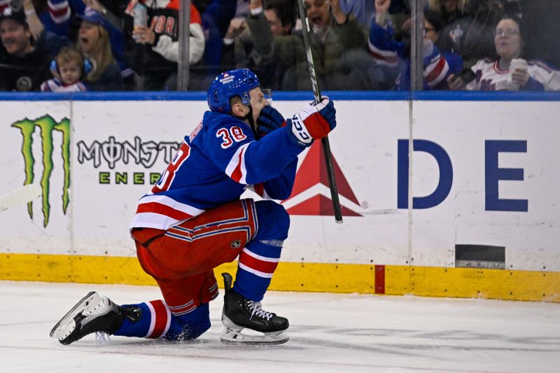 Mar 29, 2026; New York, New York, USA; New York Rangers left wing Adam Sykora (38) celebrates his goal against the Florida Panthers during the third period at Madison Square Garden. Mandatory Credit: Dennis Schneidler-Imagn Images Mar 29, 2026; New York, New York, USA; New York Rangers left wing Adam Sykora (38) celebrates his goal against the Florida Panthers during the third period at Madison Square Garden. Mandatory Credit: Dennis Schneidler-Imagn Images