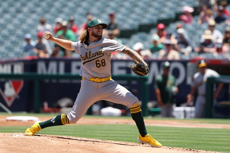 Jun 26, 2024; Anaheim, California, USA;  Oakland Athletics starting pitcher Joey Estes (68) throws against the Los Angeles Angels during the first inning at Angel Stadium. Mandatory Credit: Kiyoshi Mio-USA TODAY Sports