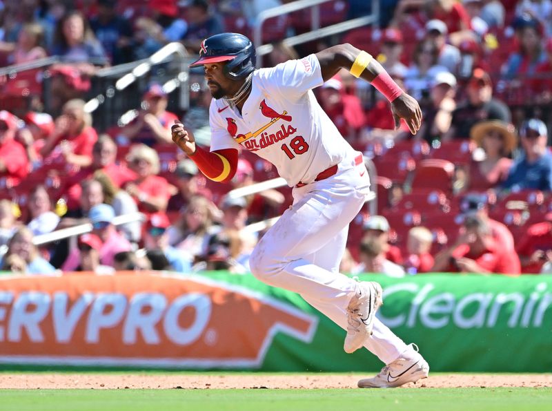 Sep 7, 2025; St. Louis, Missouri, USA; St. Louis Cardinals outfielder Jordan Walker (18) runs to second base against the San Francisco Giants at Busch Stadium. Mandatory Credit: Tim Vizer-Imagn Images