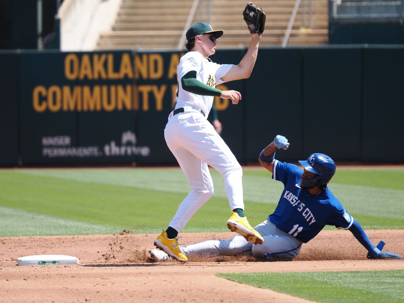 Aug 23, 2023; Oakland, California, USA; Kansas City Royals third baseman Maikel Garcia (11) steals second base against Oakland Athletics second baseman Zack Gelof (20) during the third inning at Oakland-Alameda County Coliseum. Mandatory Credit: Kelley L Cox-USA TODAY Sports