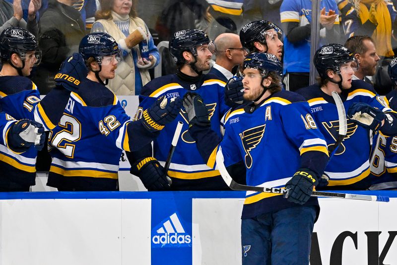 Dec 14, 2023; St. Louis, Missouri, USA;  St. Louis Blues center Robert Thomas (18) is congratulated by teammates after scoring against the Ottawa Senators during the first period at Enterprise Center. Mandatory Credit: Jeff Curry-USA TODAY Sports