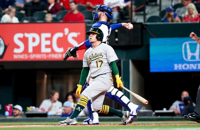 Apr 30, 2025; Arlington, Texas, USA;  Texas Rangers starting pitcher Nathan Eovaldi (17) throws during the first inning against the Oakland Athletics at Globe Life Field. Mandatory Credit: Kevin Jairaj-Imagn Images