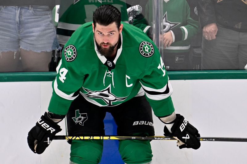 May 23, 2025; Dallas, Texas, USA; Dallas Stars left wing Jamie Benn (14) practices before game two of the Western Conference Final of the 2025 Stanley Cup Playoffs at American Airlines Center. Mandatory Credit: Jerome Miron-Imagn Images