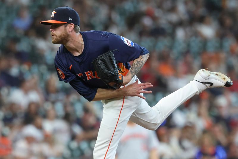 May 11, 2025; Houston, Texas, USA; Houston Astros relief pitcher Shawn Dubin (66) delivers a pitch during the ninth inning against the Cincinnati Reds at Daikin Park. Mandatory Credit: Troy Taormina-Imagn Images