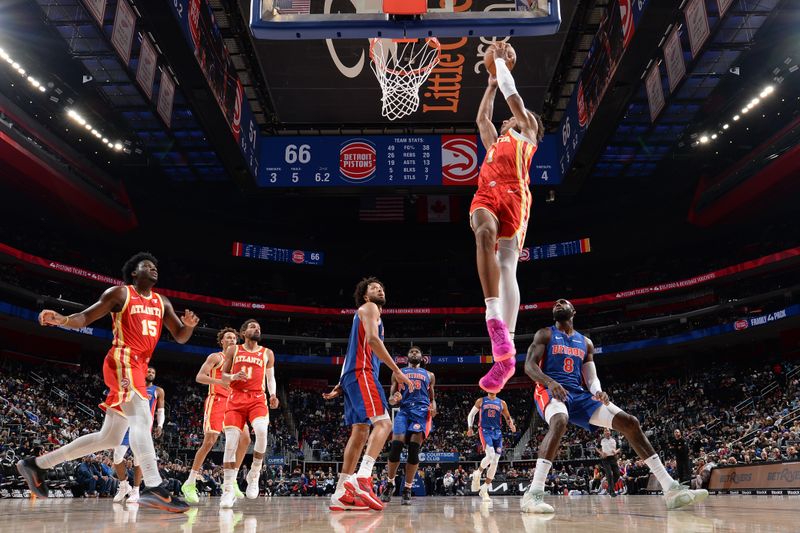 DETROIT, MI - NOVEMBER 8: Jalen Johnson #1 of the Atlanta Hawks shoots the ball during the game against the Detroit Pistons on November  8, 2024 at Little Caesars Arena in Detroit, Michigan. NOTE TO USER: User expressly acknowledges and agrees that, by downloading and/or using this photograph, User is consenting to the terms and conditions of the Getty Images License Agreement. Mandatory Copyright Notice: Copyright 2024 NBAE (Photo by Chris Schwegler/NBAE via Getty Images)