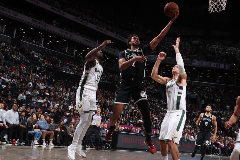 BROOKLYN, NY - OCTOBER 27: Cameron Johnson #2 of the Brooklyn Nets drives to the basket during the game against the Milwaukee Bucks on October 27, 2024 at Barclays Center in Brooklyn, New York. NOTE TO USER: User expressly acknowledges and agrees that, by downloading and or using this Photograph, user is consenting to the terms and conditions of the Getty Images License Agreement. Mandatory Copyright Notice: Copyright 2024 NBAE (Photo by Nathaniel S. Butler/NBAE via Getty Images)