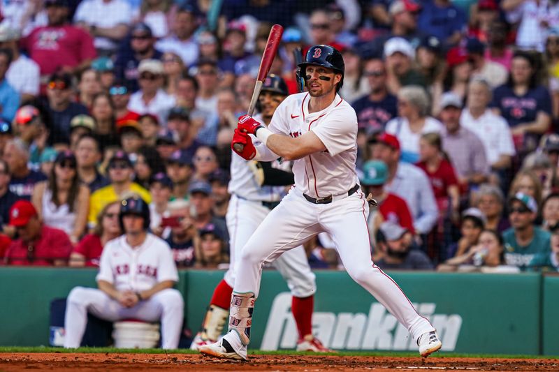 Sep 28, 2025; Boston, Massachusetts, USA; Boston Red Sox third base Nick Sogard (20) hits a double against the. Detroit Tigers in the fourth inning at Fenway Park. Mandatory Credit: David Butler II-Imagn Images