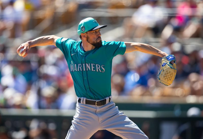 Mar 13, 2024; Phoenix, Arizona, USA; Seattle Mariners pitcher Casey Lawrence against the Los Angeles Dodgers during a spring training game at Camelback Ranch-Glendale. Mandatory Credit: Mark J. Rebilas-USA TODAY Sports