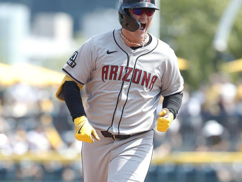 Aug 4, 2024; Pittsburgh, Pennsylvania, USA;  Arizona Diamondbacks designated hitter Joc Pederson (3) reacts as he circles the bases on a three run home run against the Pittsburgh Pirates during the seventh inning at PNC Park. Mandatory Credit: Charles LeClaire-USA TODAY Sports