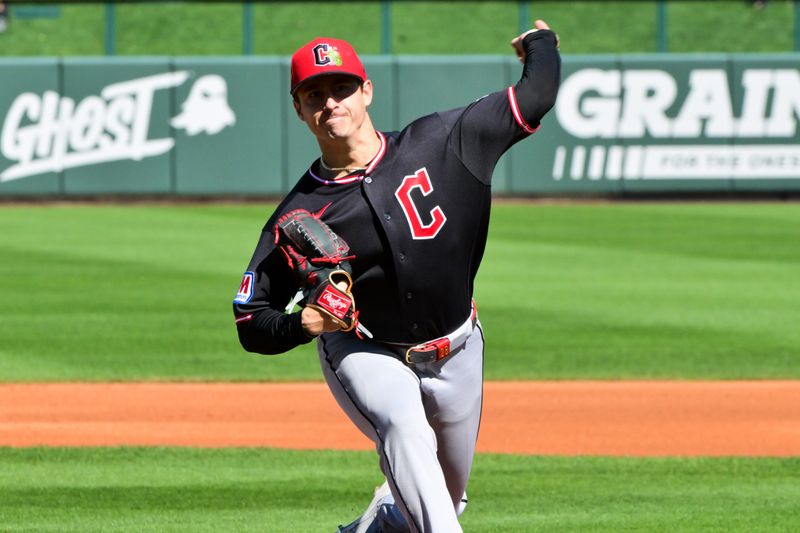 Feb 27, 2026; Mesa, Arizona, USA; Cleveland Guardians pitcher Logan Allen (26) throws in the first inning against the Chicago Cubs at Sloan Park. Mandatory Credit: Matt Kartozian-Imagn Images