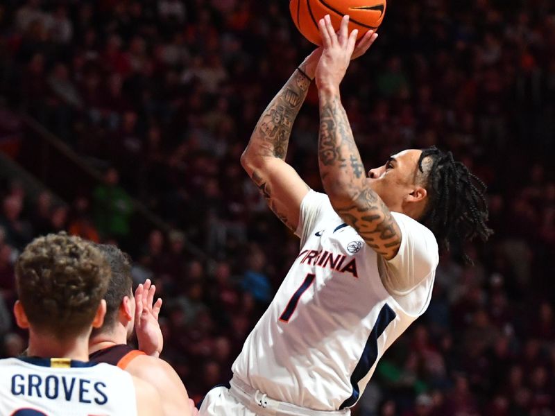 Feb 19, 2024; Blacksburg, Virginia, USA; Virginia Cavaliers guard Dante Harris (1) shoots uring the first half at Cassell Coliseum. Mandatory Credit: Brian Bishop-USA TODAY Sports