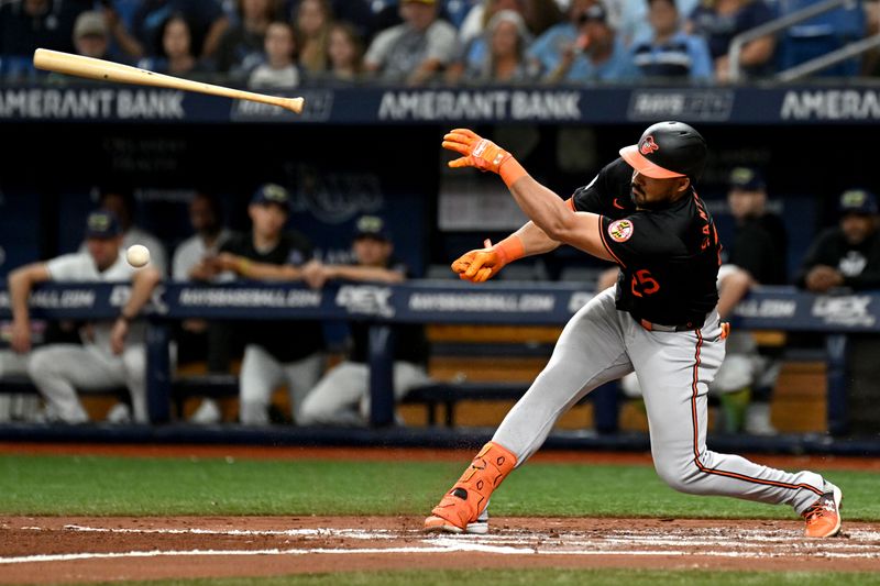 Aug 9, 2024; St. Petersburg, Florida, USA; Baltimore Orioles right fielder Anthony Santander (25) loses control of his bat on a swing in the second inning against the Tampa Bay Rays at Tropicana Field. Mandatory Credit: Jonathan Dyer-USA TODAY Sports