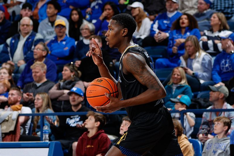 Mar 4, 2023; Colorado Springs, Colorado, USA; San Jose State Spartans guard Omari Moore (10) gestures in the second half against the Air Force Falcons at Clune Arena. Mandatory Credit: Isaiah J. Downing-USA TODAY Sports