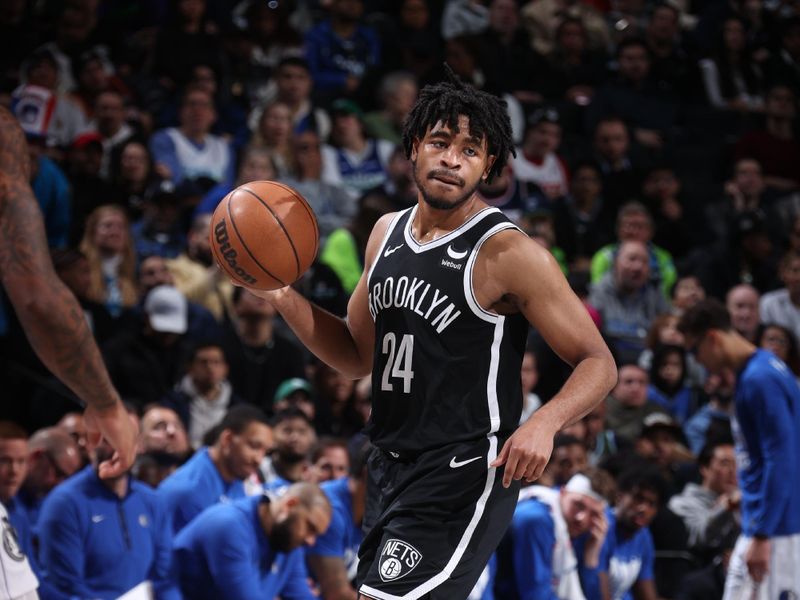 BROOKLYN, NY - FEBRUARY 6: Cam Thomas #24 of the Brooklyn Nets handles the ball during the game  on February 6, 2024 at Barclays Center in Brooklyn, New York. NOTE TO USER: User expressly acknowledges and agrees that, by downloading and or using this Photograph, user is consenting to the terms and conditions of the Getty Images License Agreement. Mandatory Copyright Notice: Copyright 2024 NBAE (Photo by Nathaniel S. Butler/NBAE via Getty Images)