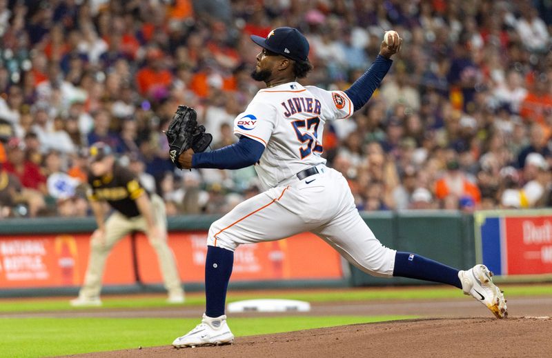 Sep 9, 2023; Houston, Texas, USA; Houston Astros starting pitcher Cristian Javier (53) pitches against the San Diego Padres in the first inning at Minute Maid Park. Mandatory Credit: Thomas Shea-USA TODAY Sports