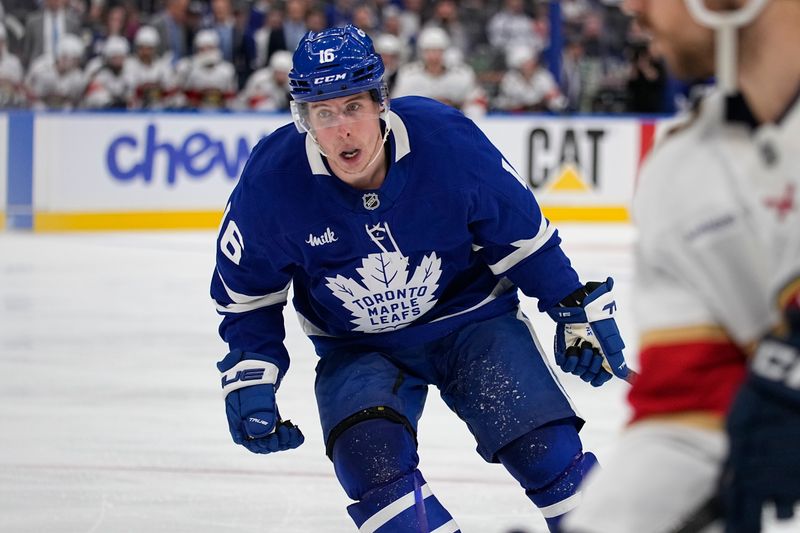 May 14, 2025; Toronto, Ontario, CAN; Toronto Maple Leafs forward Mitch Marner (16) skates against the Florida Panthers during the third period of game five of the second round of the 2025 Stanley Cup Playoffs at Scotiabank Arena. Mandatory Credit: John E. Sokolowski-Imagn Images