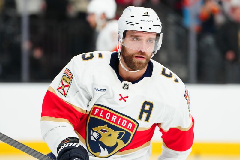 Jan 4, 2024; Las Vegas, Nevada, USA; Florida Panthers defenseman Aaron Ekblad (5) warms up before a game against the Vegas Golden Knights at T-Mobile Arena. Mandatory Credit: Stephen R. Sylvanie-USA TODAY Sports