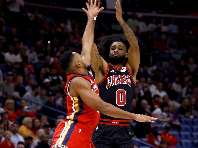 NEW ORLEANS, LOUISIANA - OCTOBER 23: Coby White #0 of the Chicago Bulls shoots over CJ McCollum #3 of the New Orleans Pelicans during the first quarter of an NBA game at Smoothie King Center on October 23, 2024 in New Orleans, Louisiana. NOTE TO USER: User expressly acknowledges and agrees that, by downloading and or using this photograph, User is consenting to the terms and conditions of the Getty Images License Agreement. (Photo by Sean Gardner/Getty Images)