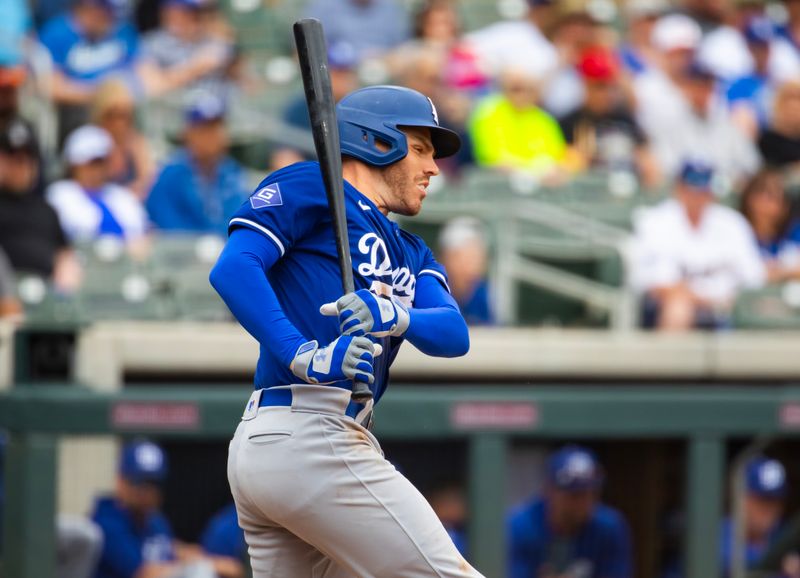 Feb 26, 2024; Salt River Pima-Maricopa, Arizona, USA; Los Angeles Dodgers first baseman Freddie Freeman against the Colorado Rockies during a spring training game at Salt River Fields at Talking Stick. Mandatory Credit: Mark J. Rebilas-USA TODAY Sports